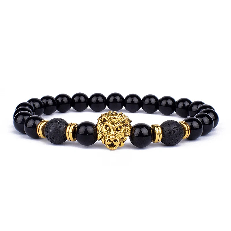 Fashion Obsidian Lion Head Charm Bracelets Men Lava Stone Zircon Prism Bracelets & Bangles for Women New Friendship Jewelry Gift