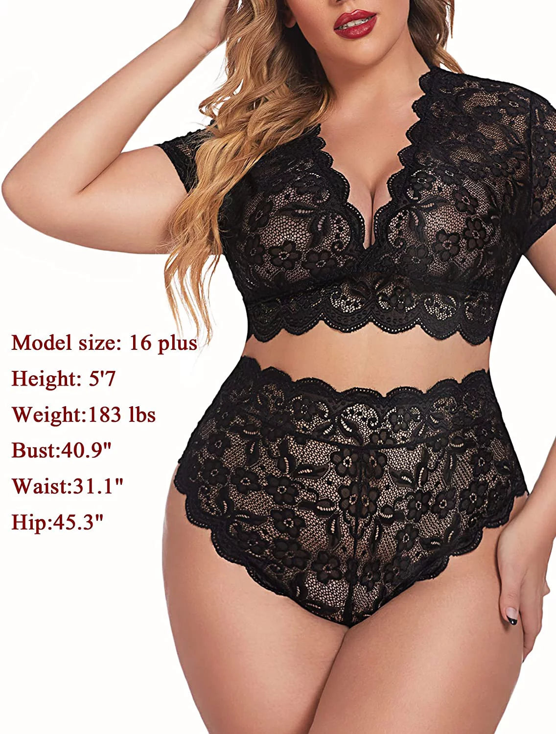 plus Size Lingerie plus Floral Lace Scallop Trim Lingerie Set Bra Panties Set(14W Black)