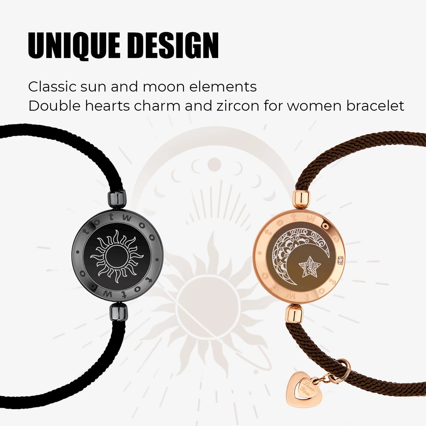 Long Distance Touch Light Up&Vibrate Bracelets for Couples, Long Distance Relationship Gifts Smart Sun&Moon Love Bracelet