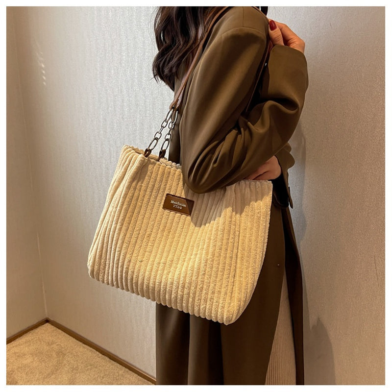 Retro Large Capacity Shoulder Bag Casual Simple Portable Shopper Tote Bag Corduroy Solid Commuter Zipper Women'S Handbag