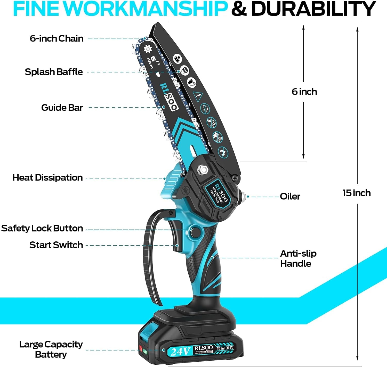 Mini Chainsaw, 6 Inch Electric Chainsaw with Security Lock & Auto Oiler, [2024 Upgraded] Portable Battery Powered Chainsaw for Branches, Wood Cutting, Yard, Garden Use (2 Batteries, 3 Chains)