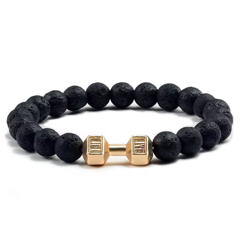 Natural Volcanic Stone Bracelet Men Matte Black Lave White Beads Charm Dumbbell Strand Bracelets Women Barbell Fitness Jewelry