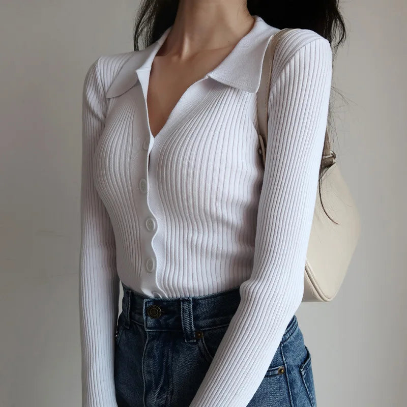 Women Lapel Slim Slimming Tops Ladies Hollow Buttons Sexy V Neck Long Sleeve POLO Neck Knit Cardigan Sweater Women