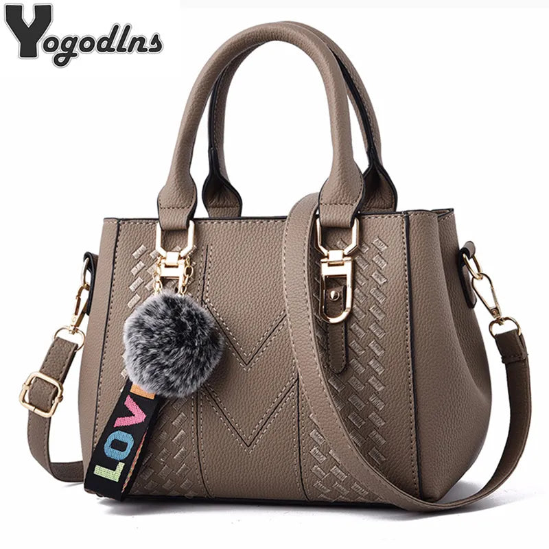 Embroidery Messenger Bags Women Leather Handbags Bags for Women Sac a Main Ladies Hair Ball Hand Bag