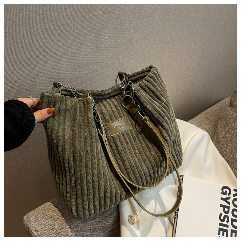 Retro Large Capacity Shoulder Bag Casual Simple Portable Shopper Tote Bag Corduroy Solid Commuter Zipper Women'S Handbag