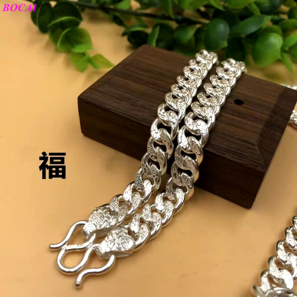 100% Real S999 Sterling Silver Necklace for Women Men New Fashion Flat Solid FU Letter Argentum Horsewhip-Chain Jewelry