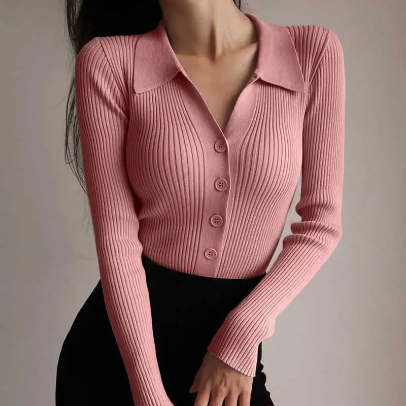 Women Lapel Slim Slimming Tops Ladies Hollow Buttons Sexy V Neck Long Sleeve POLO Neck Knit Cardigan Sweater Women