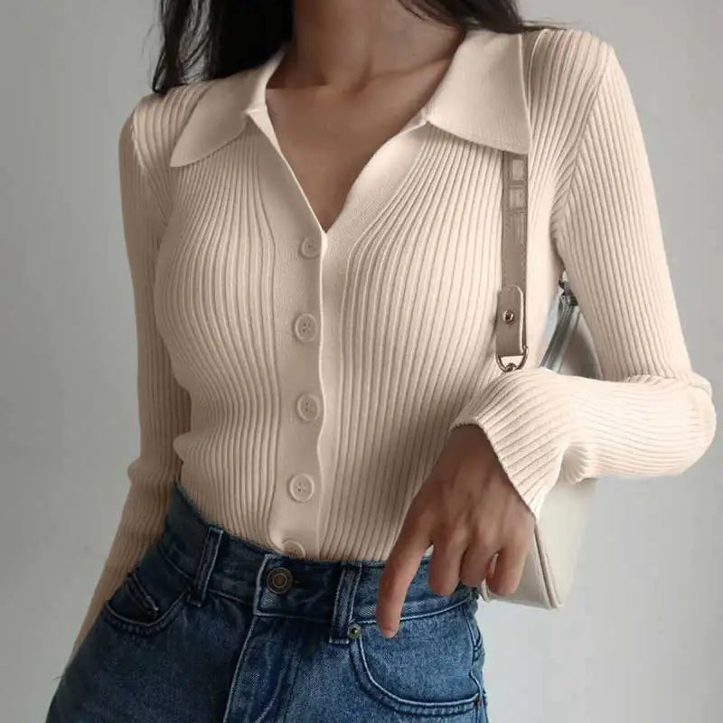 Women Lapel Slim Slimming Tops Ladies Hollow Buttons Sexy V Neck Long Sleeve POLO Neck Knit Cardigan Sweater Women