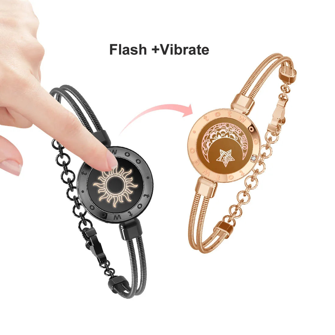 Long Distance Touch Light Up&Vibrate Bracelets for Couples, Long Distance Relationship Gifts Smart Sun&Moon Love Bracelet