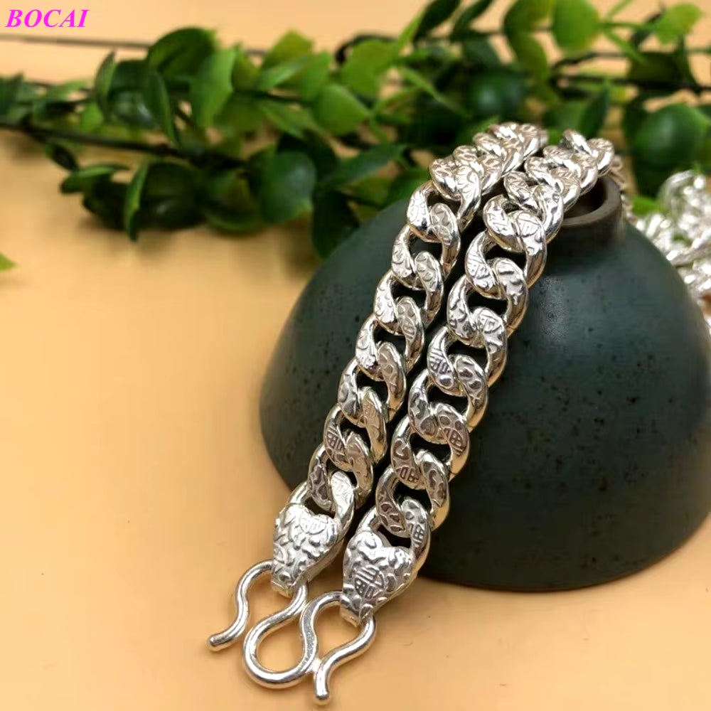 100% Real S999 Sterling Silver Necklace for Women Men New Fashion Flat Solid FU Letter Argentum Horsewhip-Chain Jewelry