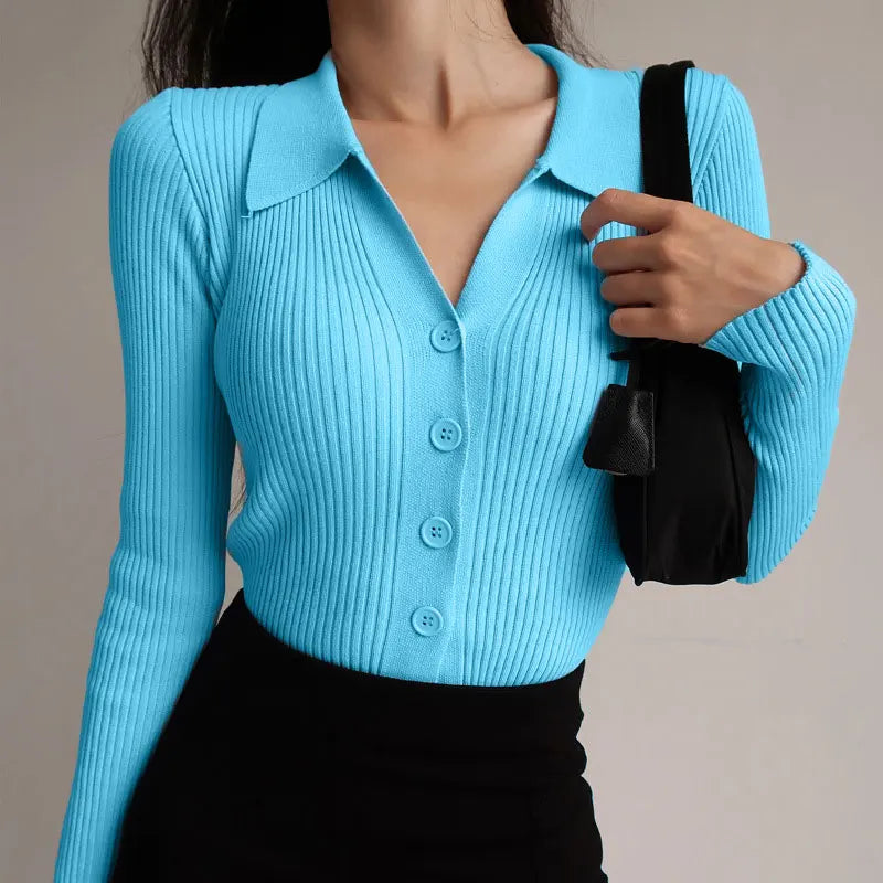 Women Lapel Slim Slimming Tops Ladies Hollow Buttons Sexy V Neck Long Sleeve POLO Neck Knit Cardigan Sweater Women