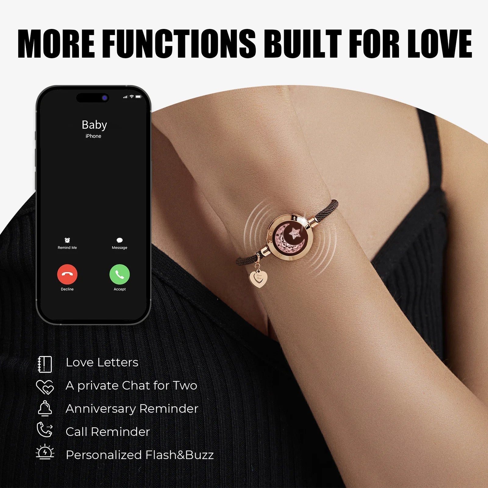 Long Distance Touch Light Up&Vibrate Bracelets for Couples, Long Distance Relationship Gifts Smart Sun&Moon Love Bracelet