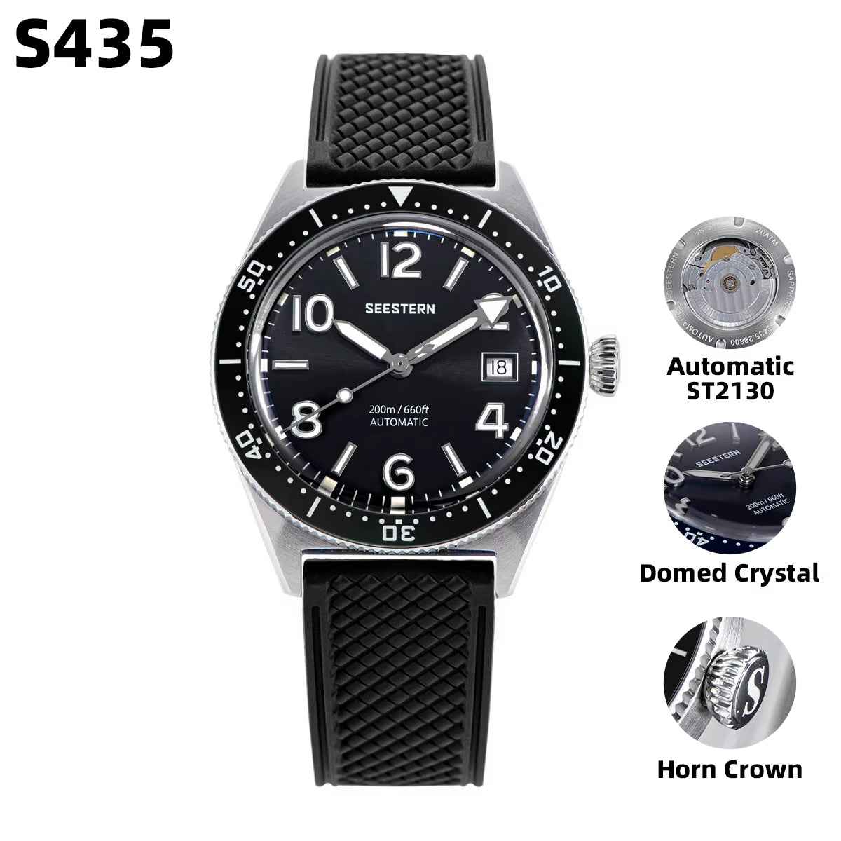 S434 Diving Watch of Men NH35 Automatic Movement 200M Waterproof Mechanical Wristwatches Luminous Sapphire Skeleton V2