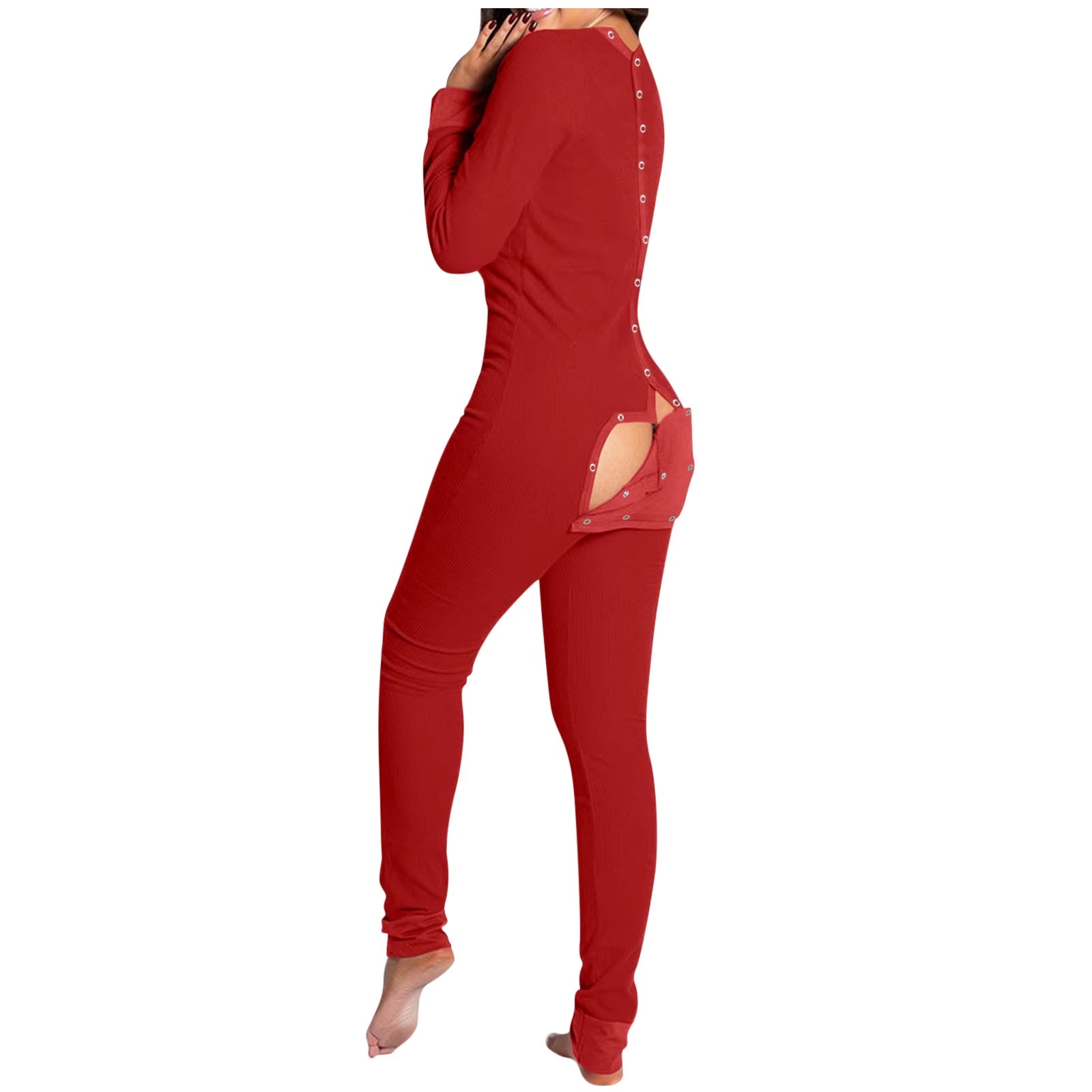 Autumn Women Sexy Onesie with Butt Flap Pajama Open Butt Onesie Romper Jumpsuit Open Crotch Nightwear Onesie Flap Sleepwear