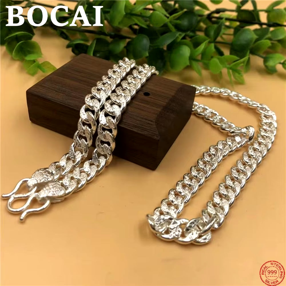 100% Real S999 Sterling Silver Necklace for Women Men New Fashion Flat Solid FU Letter Argentum Horsewhip-Chain Jewelry