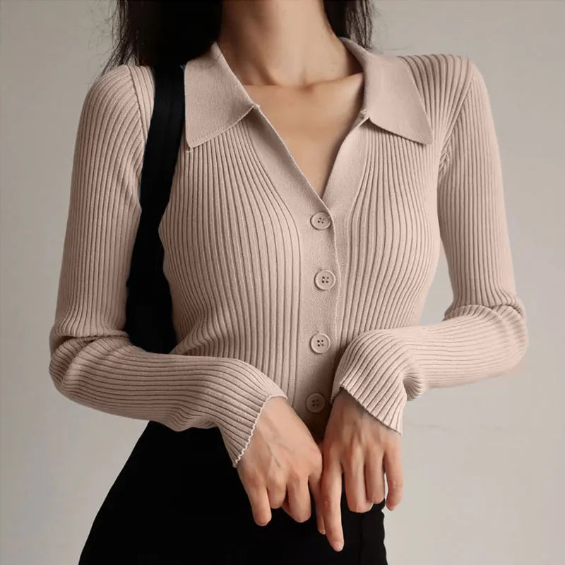 Women Lapel Slim Slimming Tops Ladies Hollow Buttons Sexy V Neck Long Sleeve POLO Neck Knit Cardigan Sweater Women