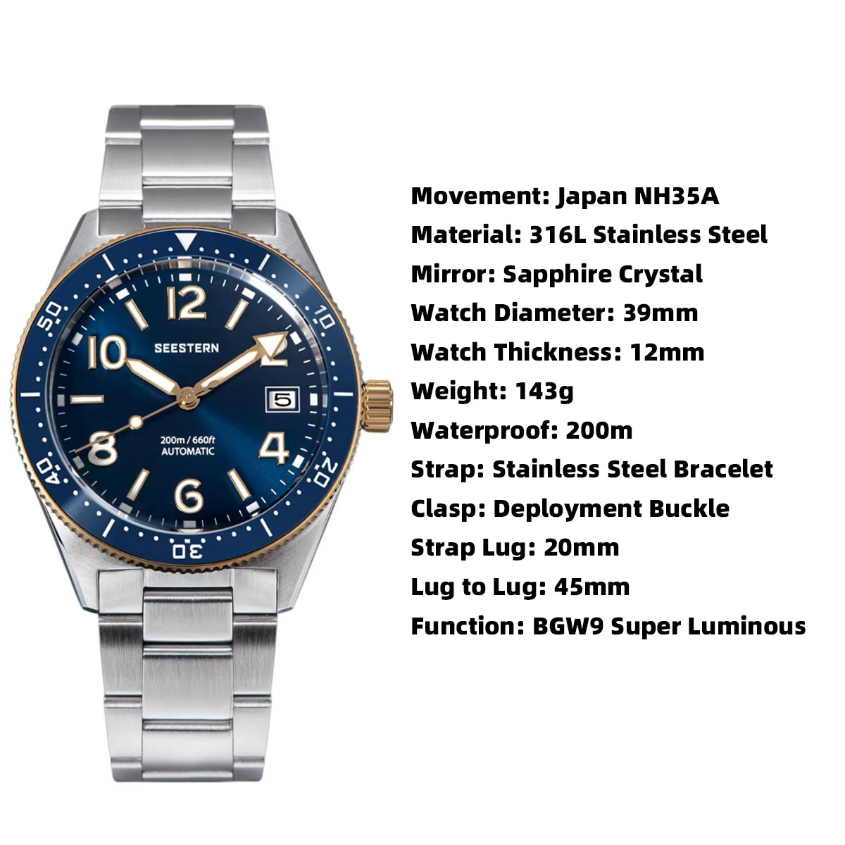 S434 Diving Watch of Men NH35 Automatic Movement 200M Waterproof Mechanical Wristwatches Luminous Sapphire Skeleton V2