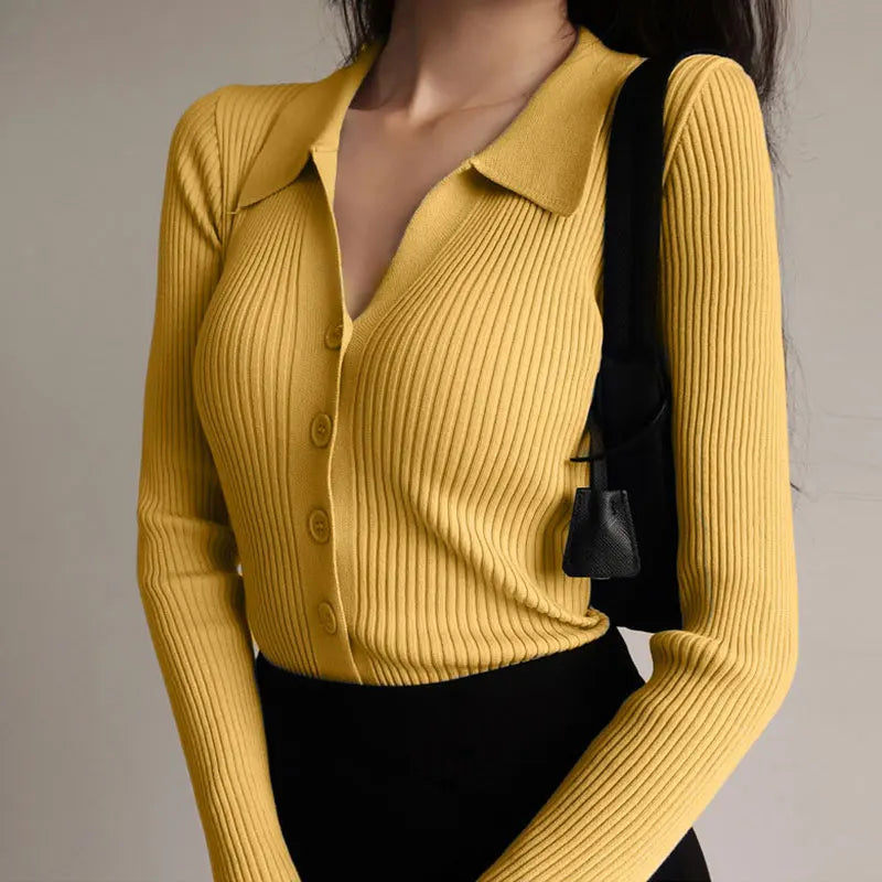 Women Lapel Slim Slimming Tops Ladies Hollow Buttons Sexy V Neck Long Sleeve POLO Neck Knit Cardigan Sweater Women