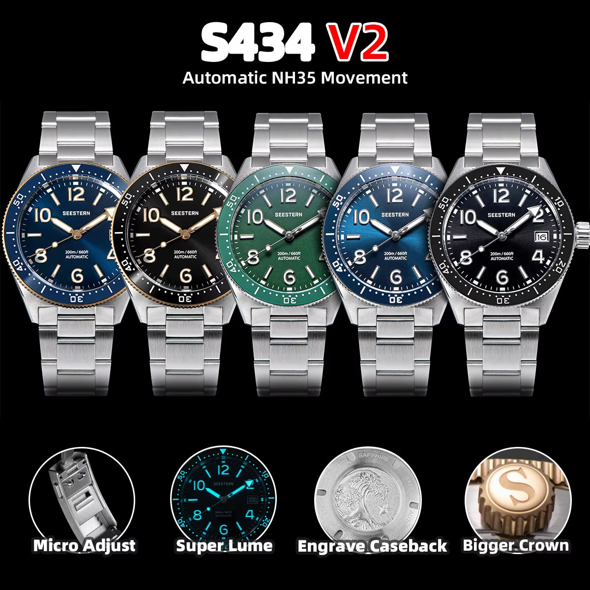 S434 Diving Watch of Men NH35 Automatic Movement 200M Waterproof Mechanical Wristwatches Luminous Sapphire Skeleton V2