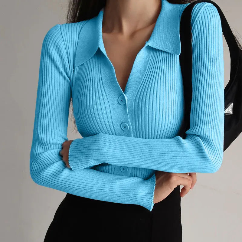 Women Lapel Slim Slimming Tops Ladies Hollow Buttons Sexy V Neck Long Sleeve POLO Neck Knit Cardigan Sweater Women