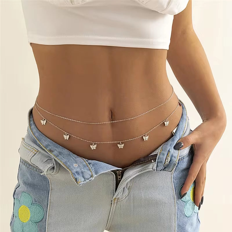 Sexy Double Thin Chain Women'S Waist Chain Charming Butterfly Stainless Steel Belly Chain Summer Beach Bikini Body Jewelry