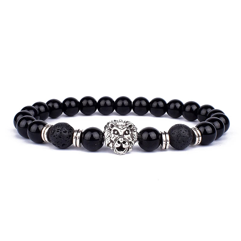 Fashion Obsidian Lion Head Charm Bracelets Men Lava Stone Zircon Prism Bracelets & Bangles for Women New Friendship Jewelry Gift