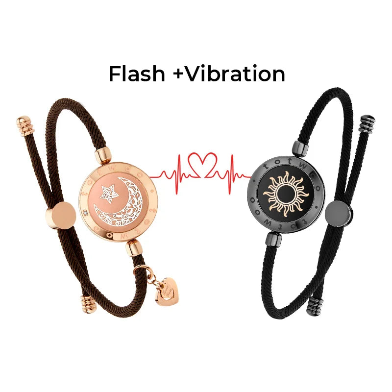 Long Distance Touch Light Up&Vibrate Bracelets for Couples, Long Distance Relationship Gifts Smart Sun&Moon Love Bracelet