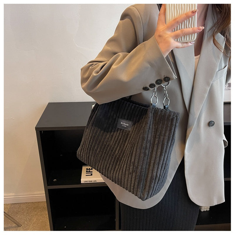 Retro Large Capacity Shoulder Bag Casual Simple Portable Shopper Tote Bag Corduroy Solid Commuter Zipper Women'S Handbag