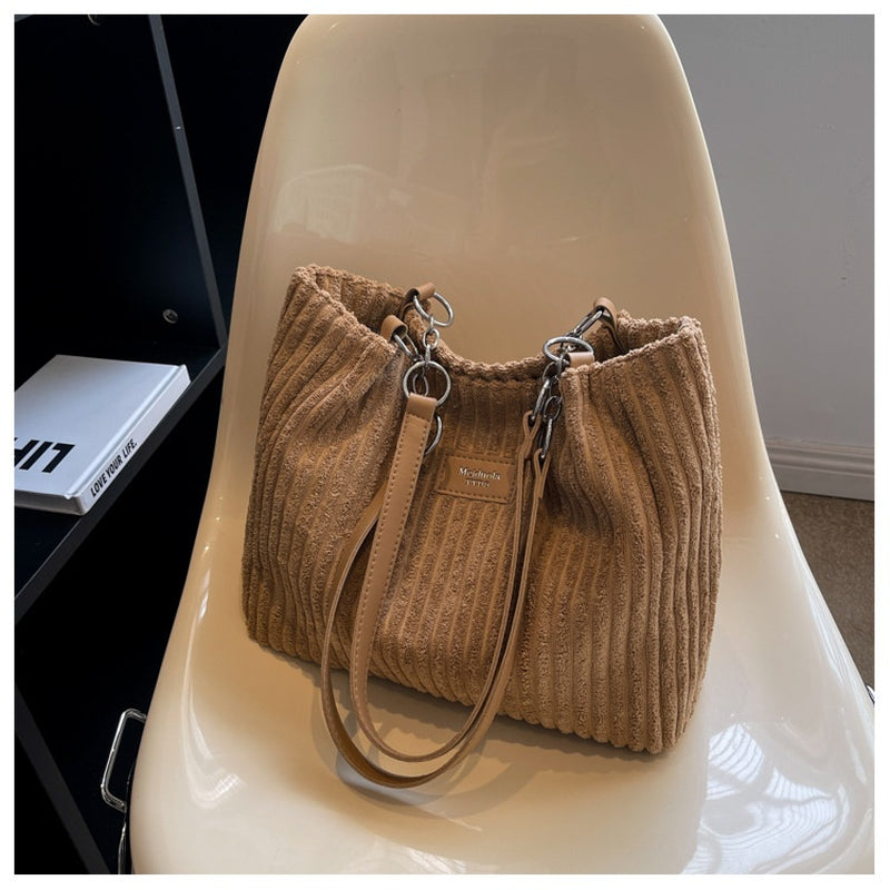 Retro Large Capacity Shoulder Bag Casual Simple Portable Shopper Tote Bag Corduroy Solid Commuter Zipper Women'S Handbag