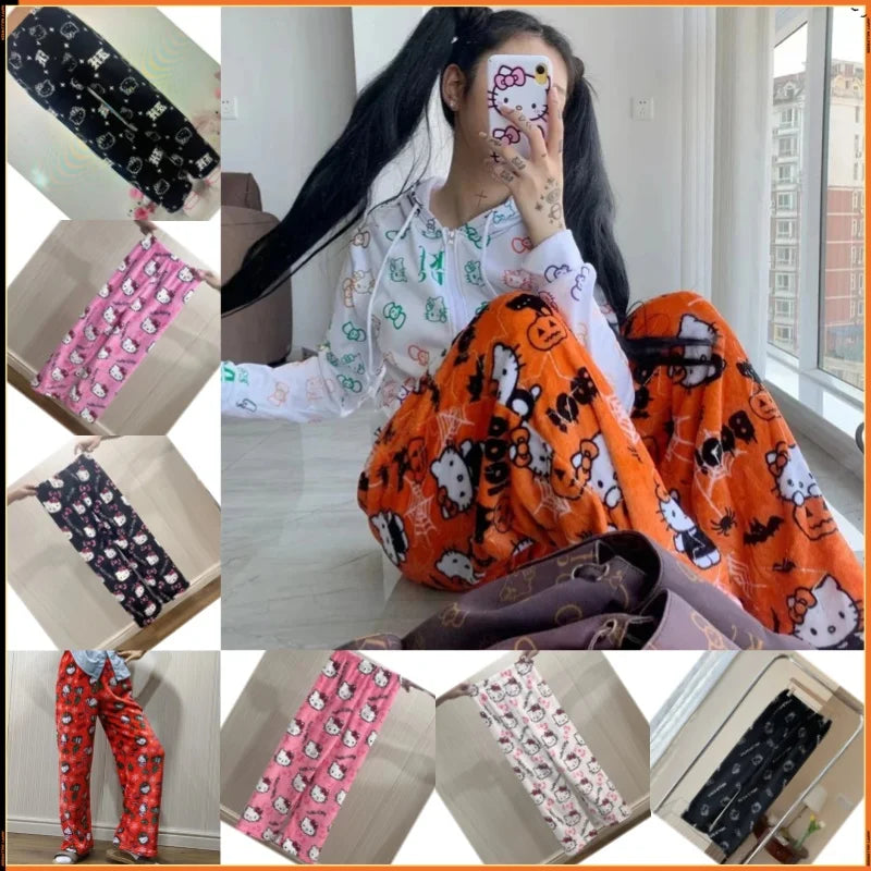 Anime Sanrioed Hellokitty Y2K Sanrioed Pajamas Pants Women Pjs Halloween Household Dress Kawaii Woolen Cartoon Casual Home Pants