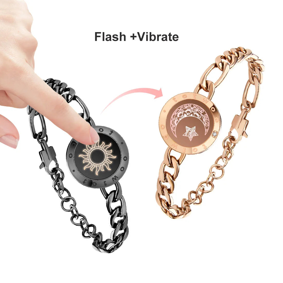 Long Distance Touch Light Up&Vibrate Bracelets for Couples, Long Distance Relationship Gifts Smart Sun&Moon Love Bracelet